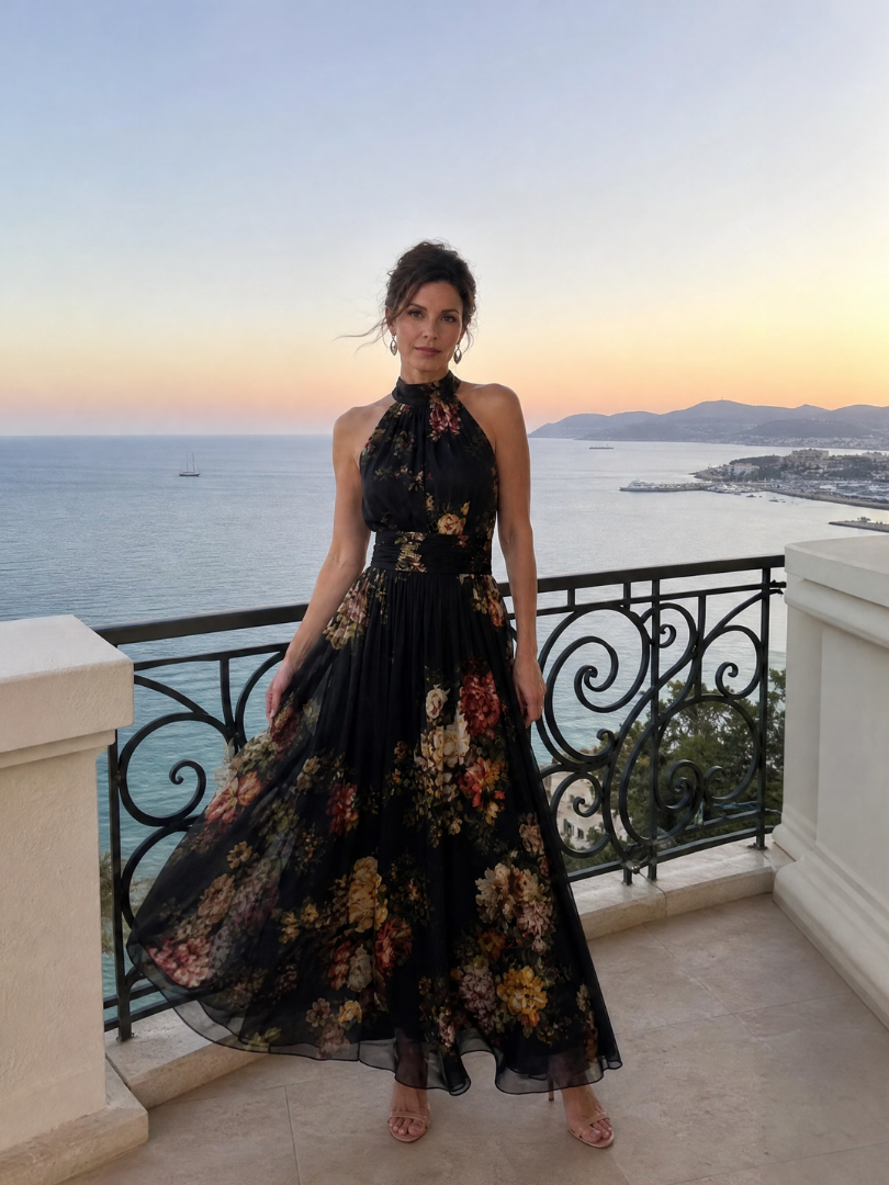 Sior | Çiçek Desenli Halter Yaka Midi Elbise