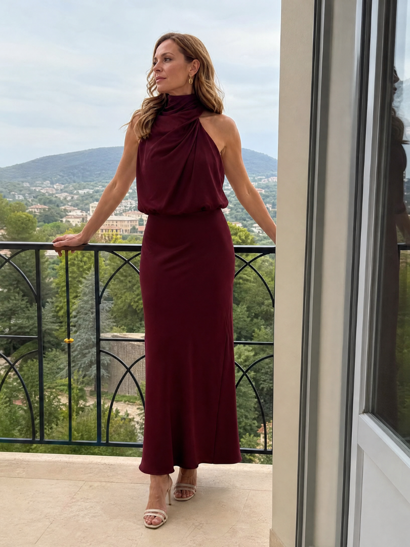 Mariselle™ | Şarap Rengi Kadife Midi Elbise