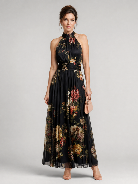 Sior | Çiçek Desenli Halter Yaka Midi Elbise