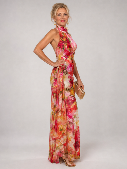 Elisabetta | Halter Yaka Çiçek Desenli Maxi Elbise