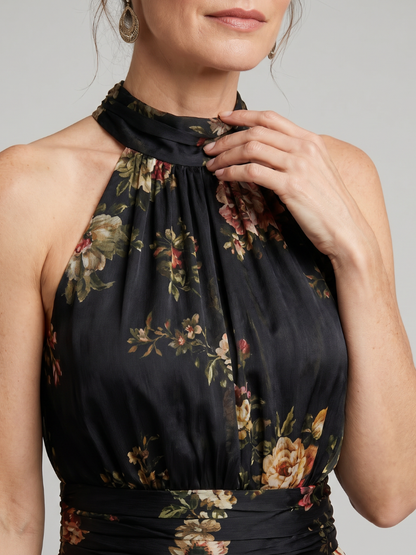 Sior | Çiçek Desenli Halter Yaka Midi Elbise