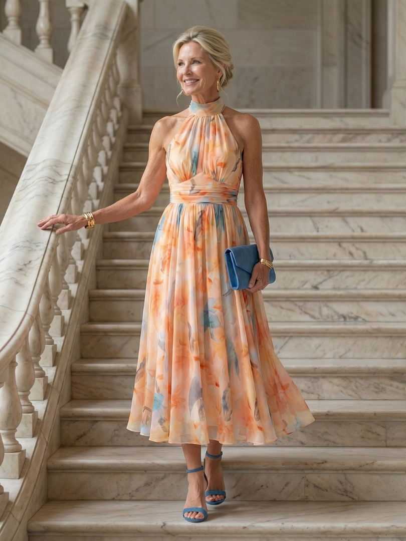 Elin | Yumuşak Halter Yaka Midi Elbise