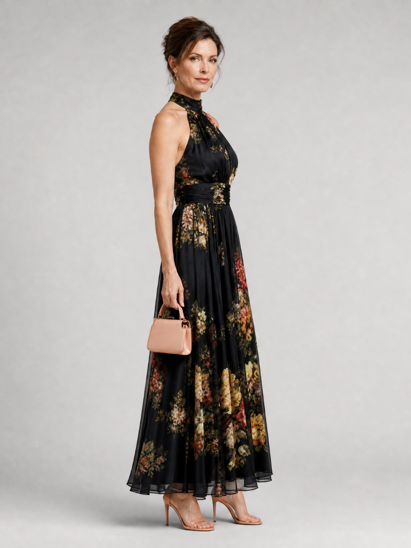 Sior | Çiçek Desenli Halter Yaka Midi Elbise