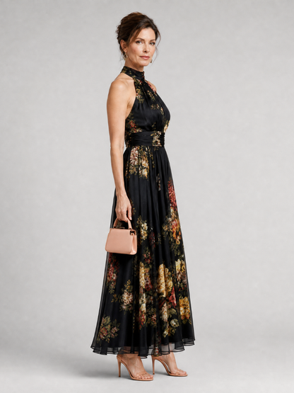 Sior | Çiçek Desenli Halter Yaka Midi Elbise